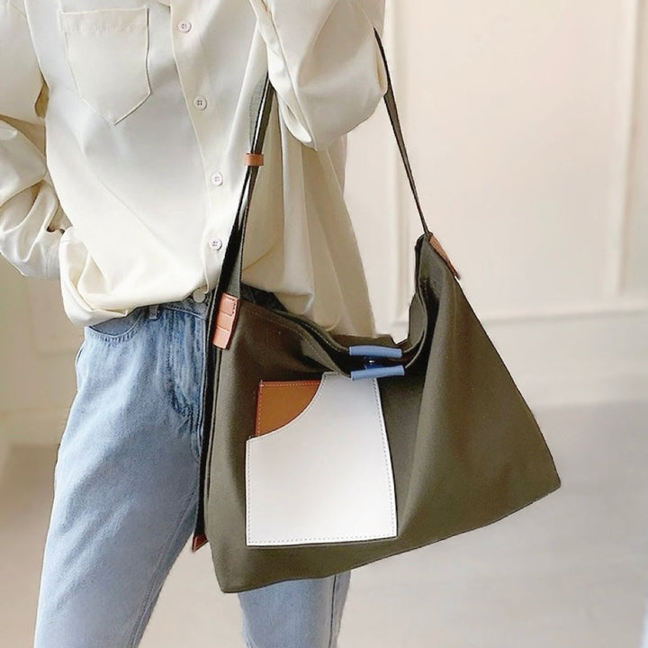 Damen Canvas Tote Bag Umhängetasche Farbblock PU-Leder - Grün