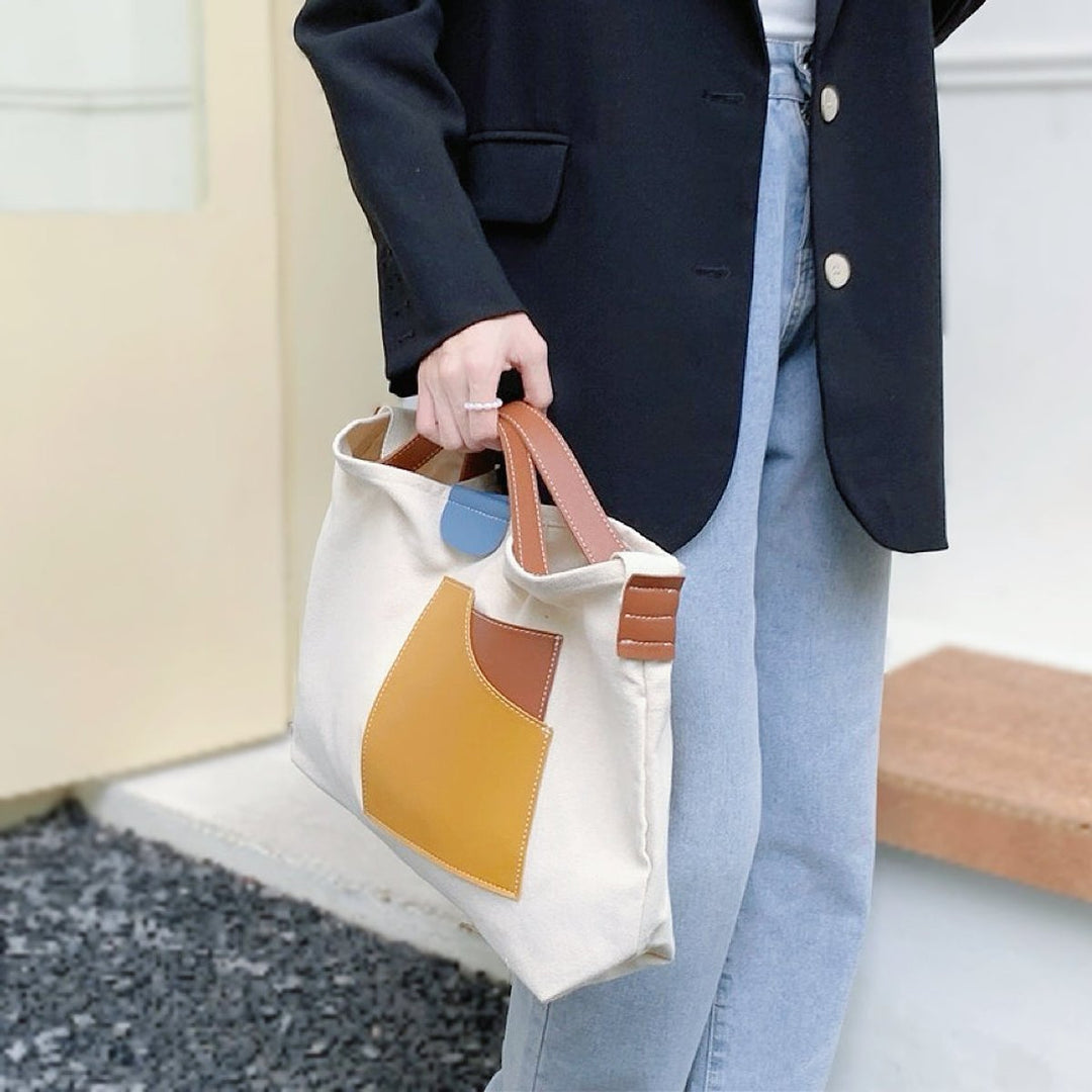 Damen Canvas Tote Bag Umhängetasche Farbblock PU-Leder - Weiß