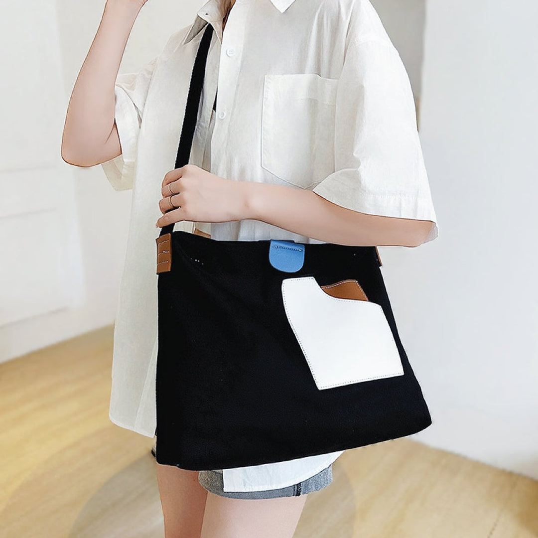 Damen Canvas Tote Bag Umhängetasche Farbblock PU-Leder - Schwarz