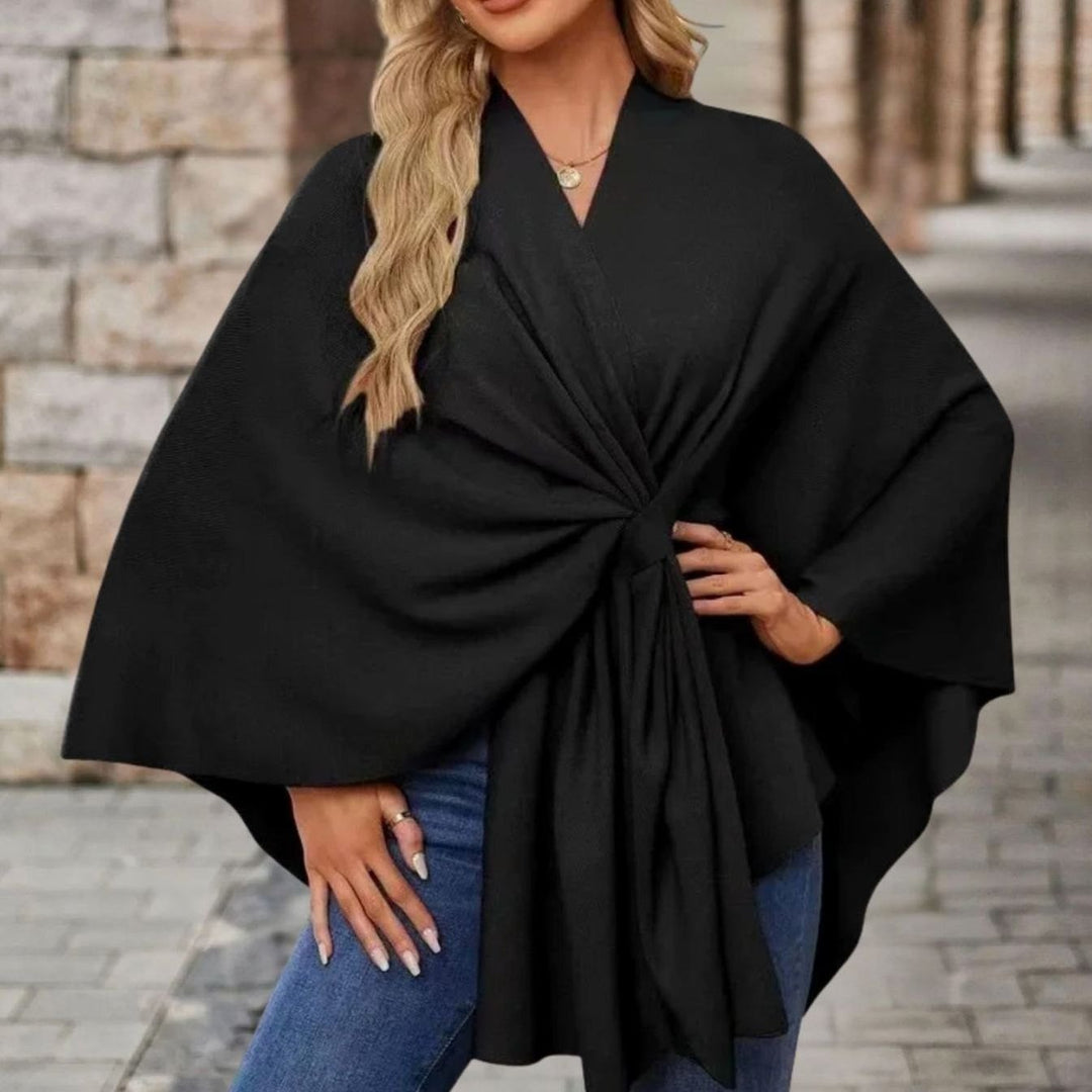 Damen Cape-Oberteil mit Frontknoten Fließende Wickel-Silhouette - Schwarz