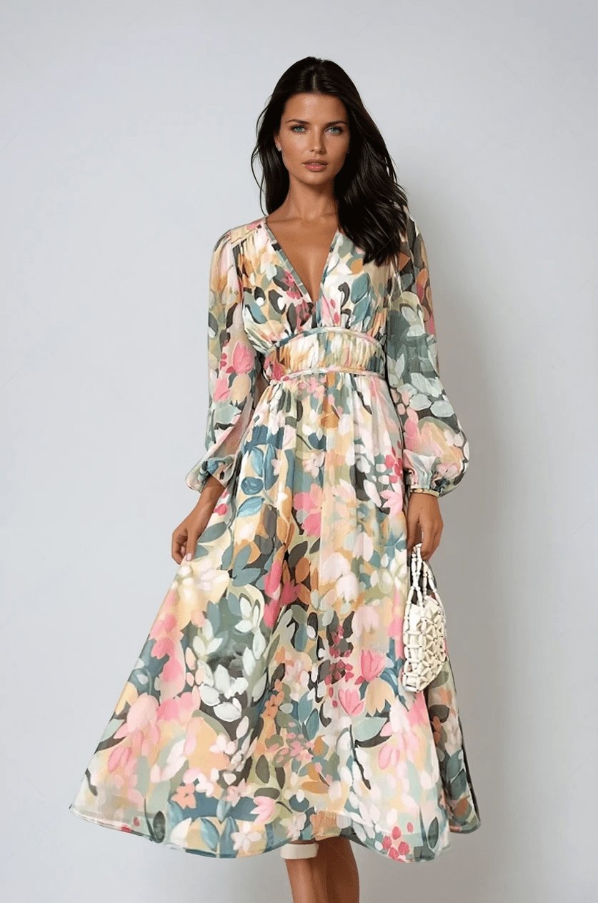 Damen Chiffon Blumenmuster Puffärmel V-Ausschnitt Midi-Kleid