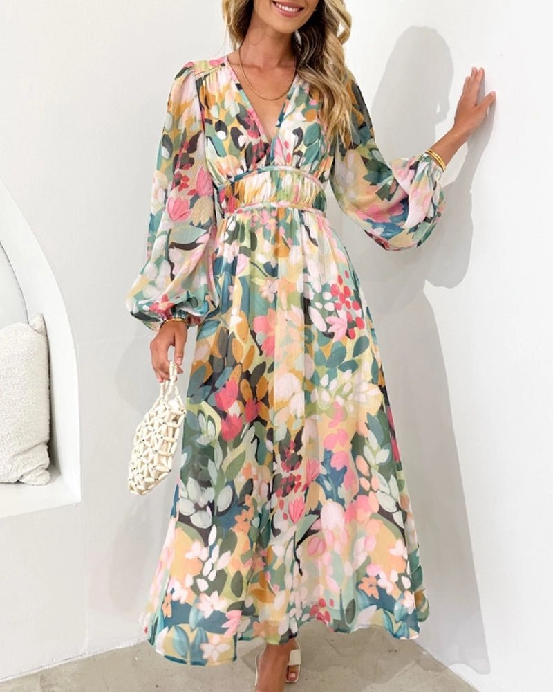 Damen Chiffon Blumenmuster Puffärmel V-Ausschnitt Midi-Kleid