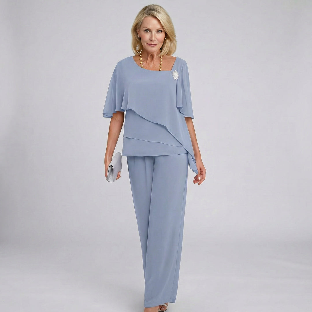 Damen Chiffon Cape-Ärmel Two-Piece Set mit weiten Hosen - Grey-Blue