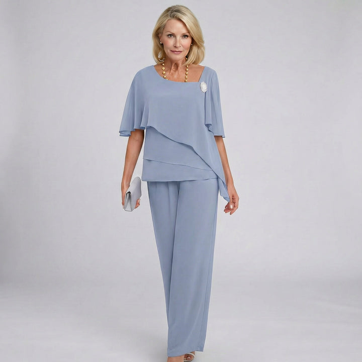 Damen Chiffon Cape-Ärmel Two-Piece Set mit weiten Hosen - Grey-Blue