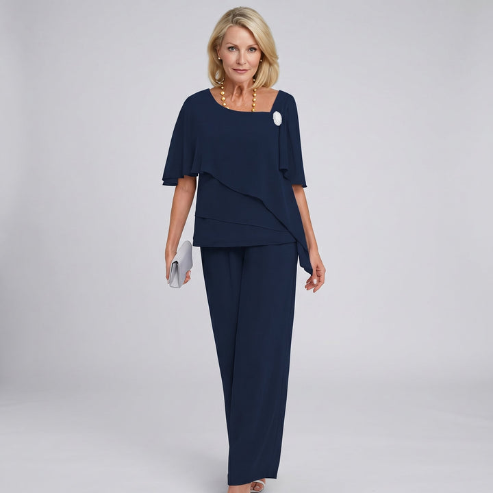 Damen Chiffon Cape-Ärmel Two-Piece Set mit weiten Hosen - Navy Blue