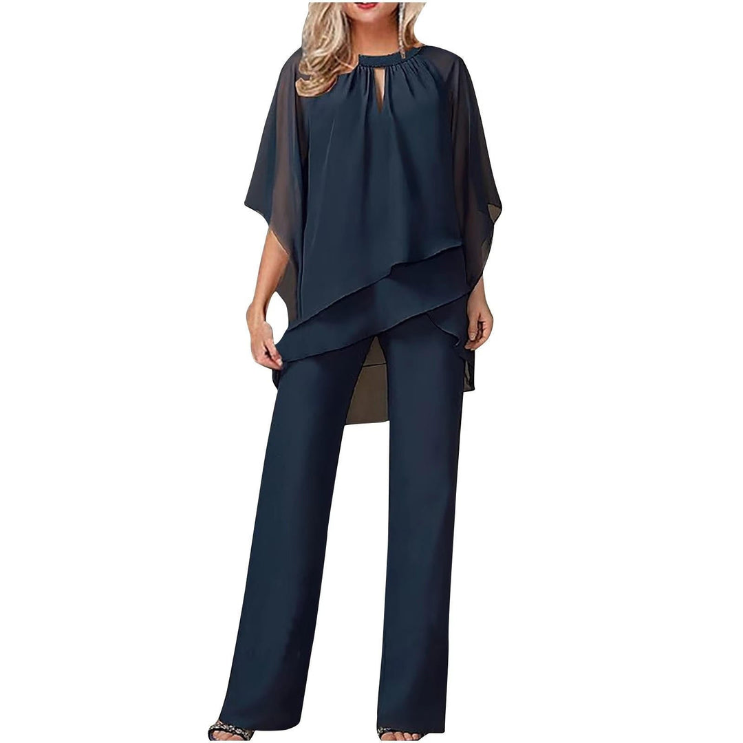 Damen Chiffon Hosenanzug Fledermausärmel Asymmetrisch Festlich - Marineblau