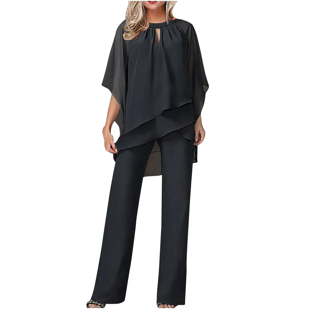 Damen Chiffon Hosenanzug Fledermausärmel Asymmetrisch Festlich - Schwarz