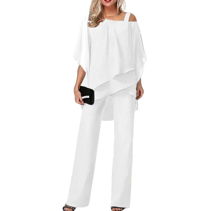 Damen Chiffon Hosenanzug Fledermausärmel Asymmetrisch Festlich - Weiß