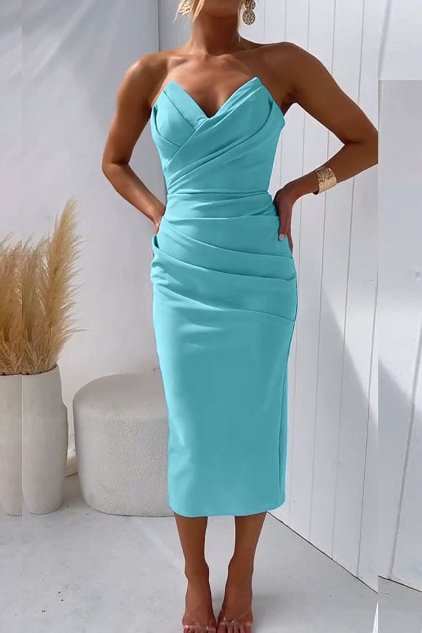 Damen Cocktail Midi-Kleid Trägerlos Drapiert - Turquoise