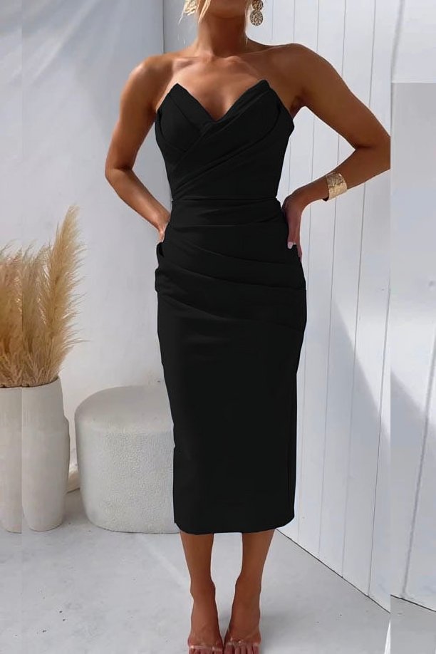 Damen Cocktail Midi-Kleid Trägerlos Drapiert - Black