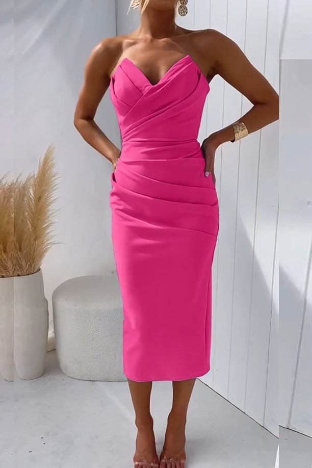Damen Cocktail Midi-Kleid Trägerlos Drapiert - Rose