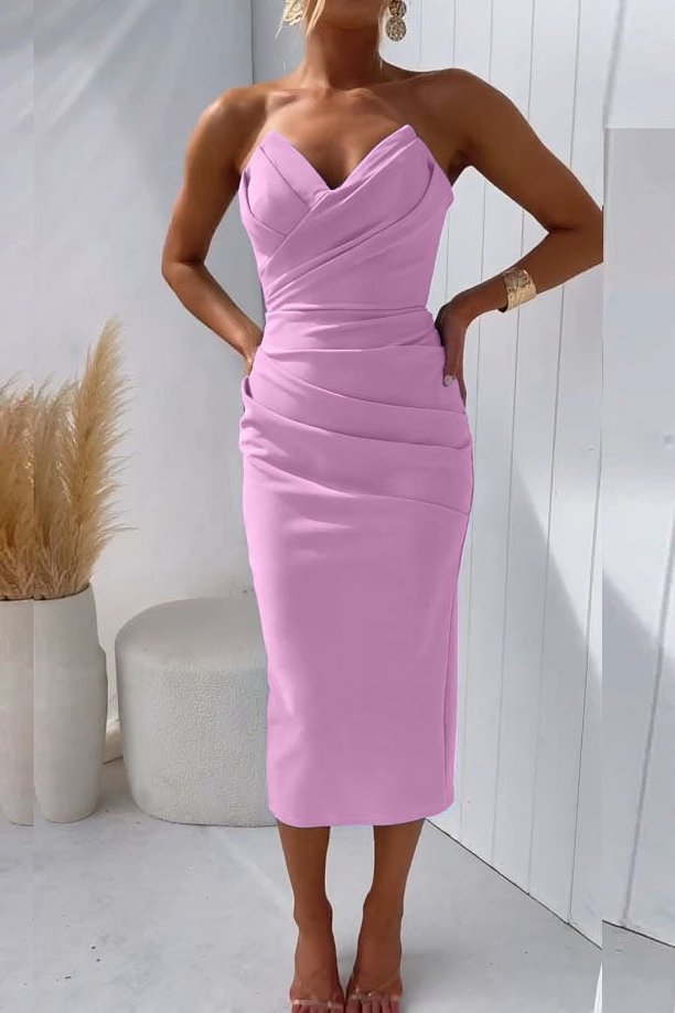 Damen Cocktail Midi-Kleid Trägerlos Drapiert - Pink