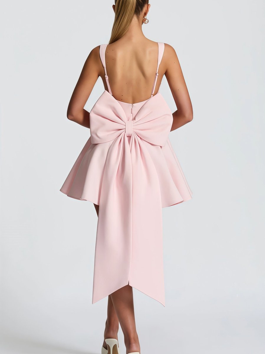Damen Cocktailkleid ausgestellter Rock übergroße Schleife hinten - Rosa