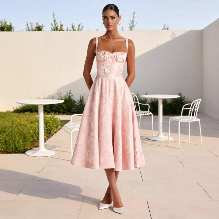 Damen Cocktailkleid mit Korsett-Oberteil Raffung ausgestelltem Midirock
