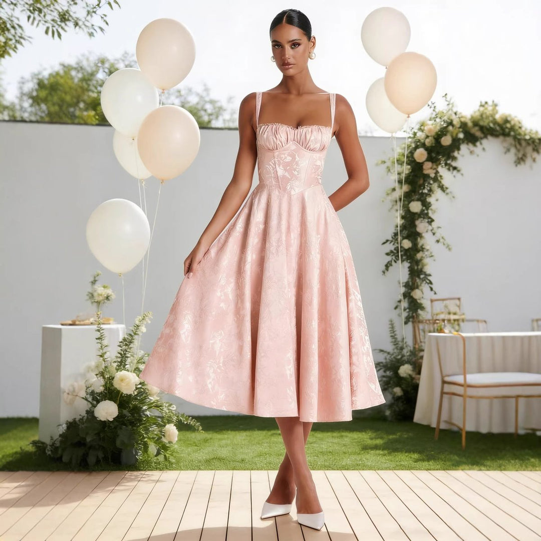 Damen Cocktailkleid mit Korsett-Oberteil Raffung ausgestelltem Midirock - Rosa