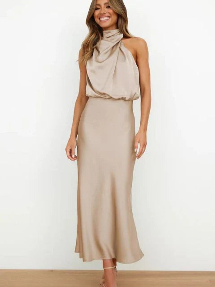 Damen Cocktailkleid Satin Midi Halterneck Abendkleid elegant - Beige