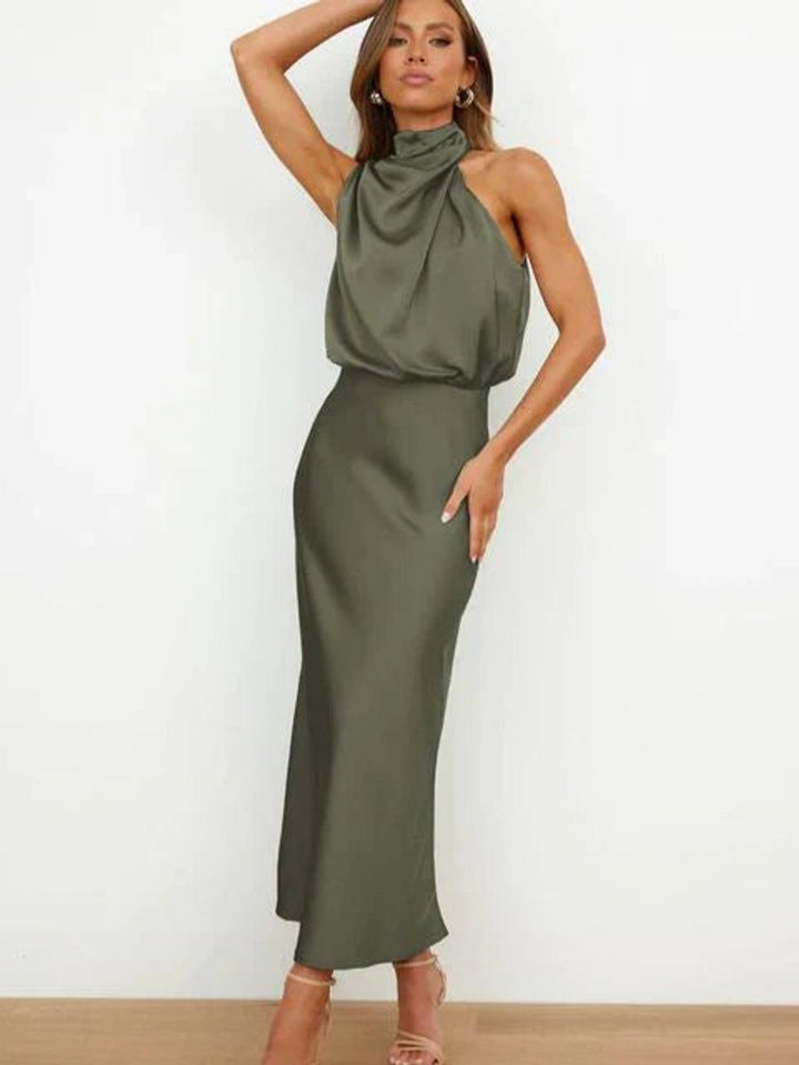 Damen Cocktailkleid Satin Midi Halterneck Abendkleid elegant - Grün