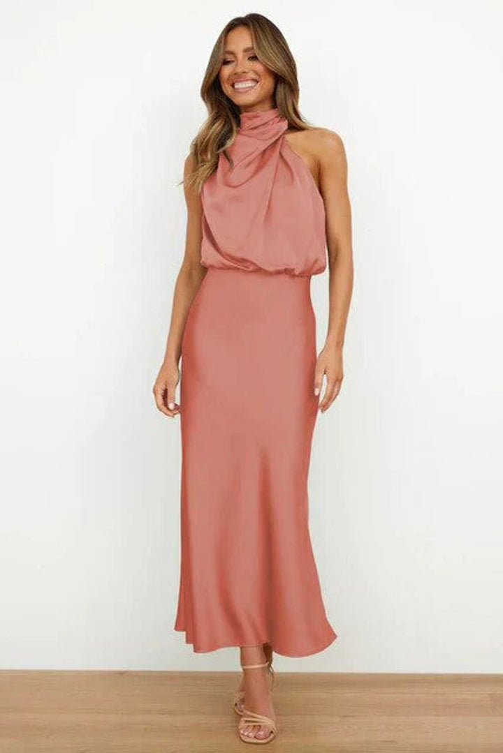 Damen Cocktailkleid Satin Midi Halterneck Abendkleid elegant - Rosa