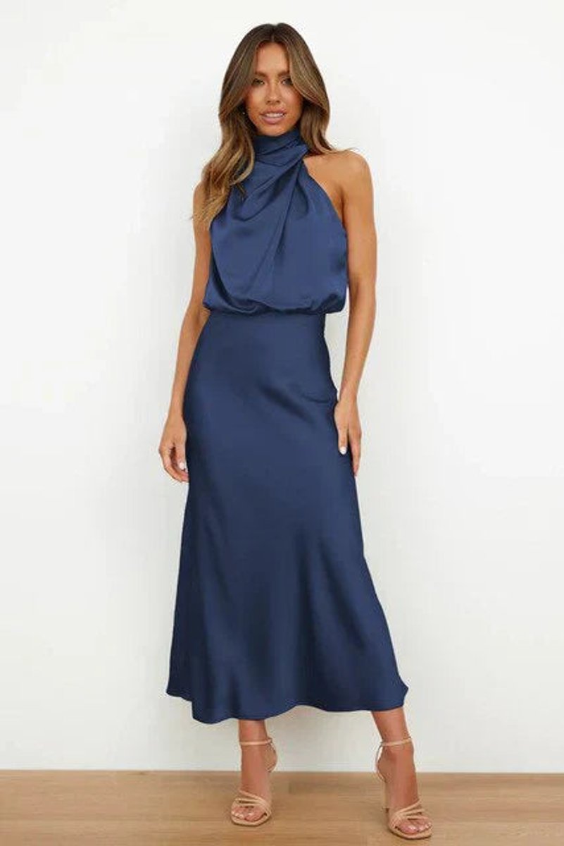 Damen Cocktailkleid Satin Midi Halterneck Abendkleid elegant - Blau