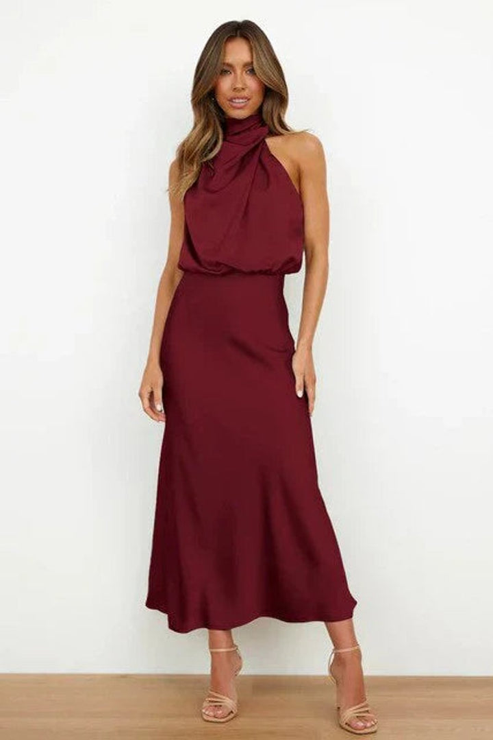 Damen Cocktailkleid Satin Midi Halterneck Abendkleid elegant - Rot