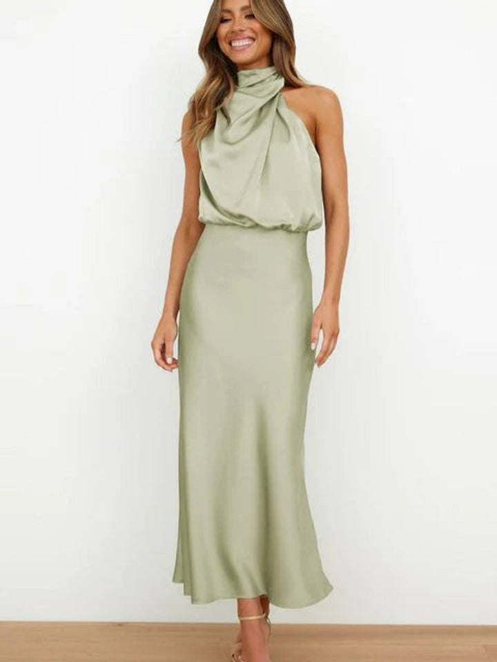 Damen Cocktailkleid Satin Midi Halterneck Abendkleid elegant - Armeégrün