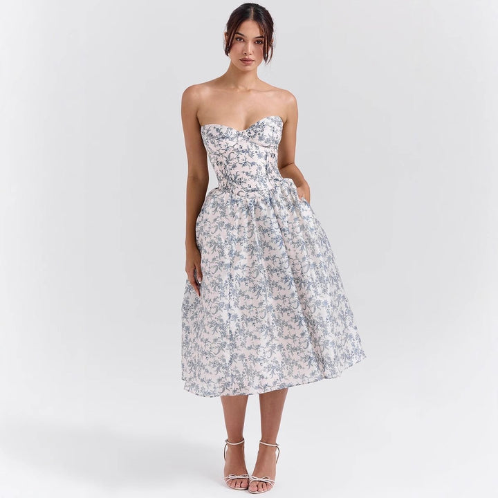Damen Cocktailkleid trägerlos Korsett-Oberteil ausgestellter Satinrock - Rose