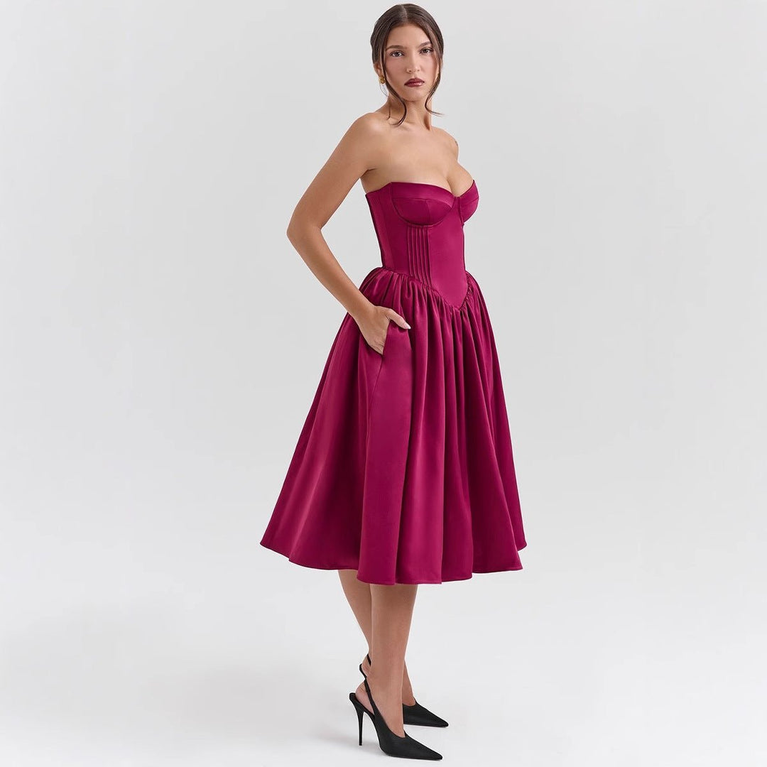 Damen Cocktailkleid trägerlos Korsett-Oberteil ausgestellter Satinrock - Magenta