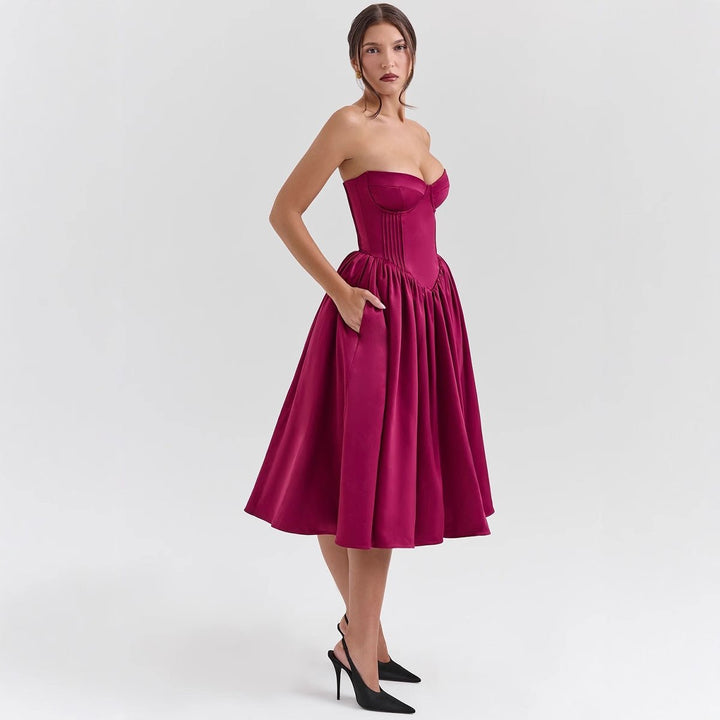 Damen Cocktailkleid trägerlos Korsett-Oberteil ausgestellter Satinrock - Magenta