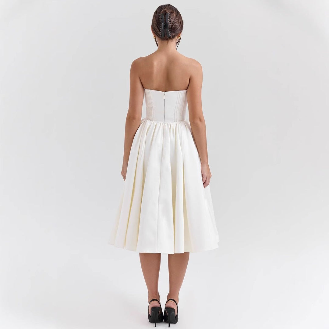 Damen Cocktailkleid trägerlos Korsett-Oberteil ausgestellter Satinrock