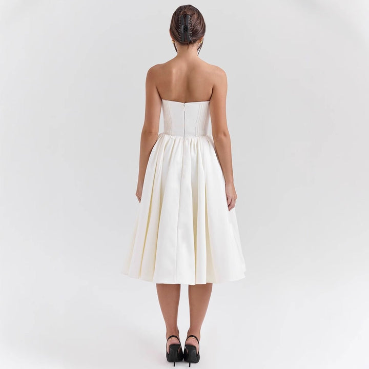 Damen Cocktailkleid trägerlos Korsett-Oberteil ausgestellter Satinrock