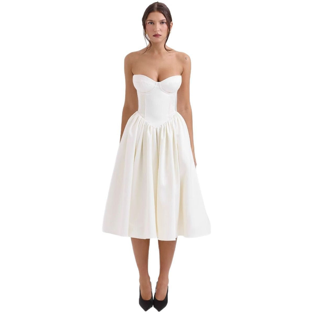 Damen Cocktailkleid trägerlos Korsett-Oberteil ausgestellter Satinrock