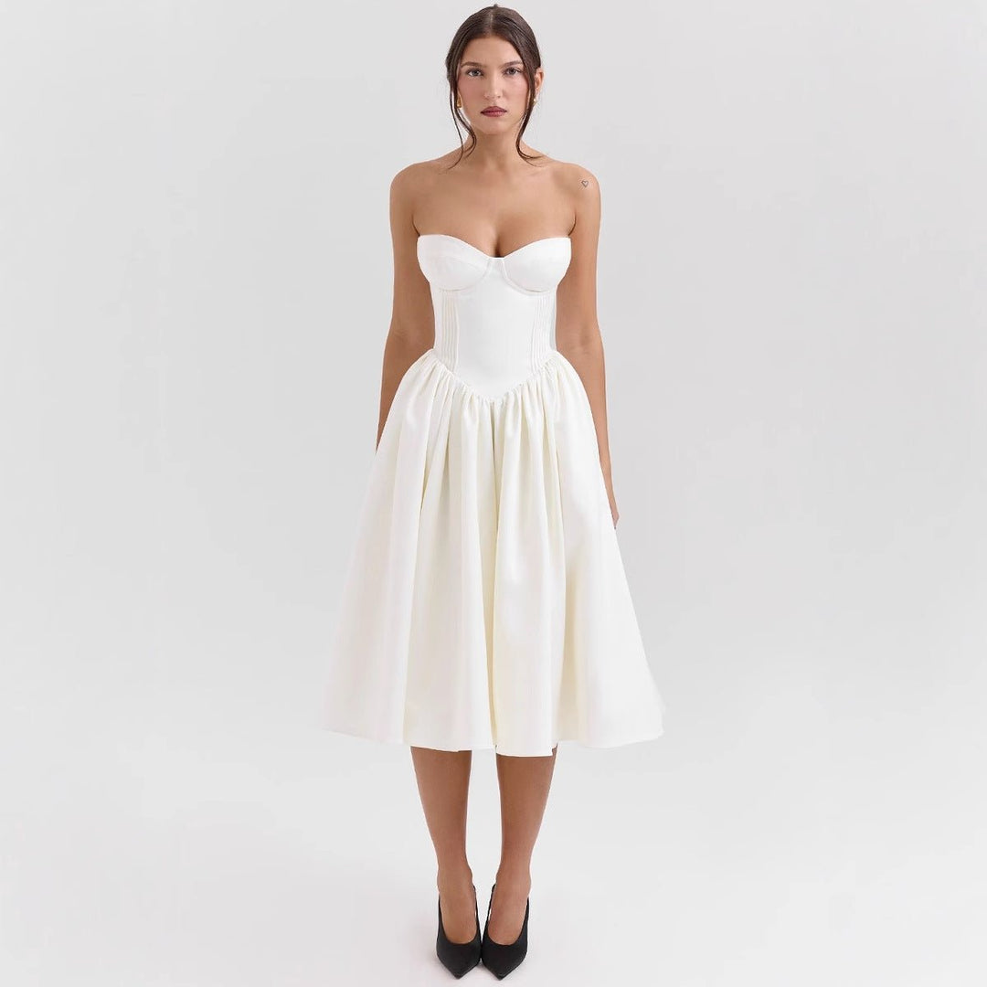 Damen Cocktailkleid trägerlos Korsett-Oberteil ausgestellter Satinrock - Weiß