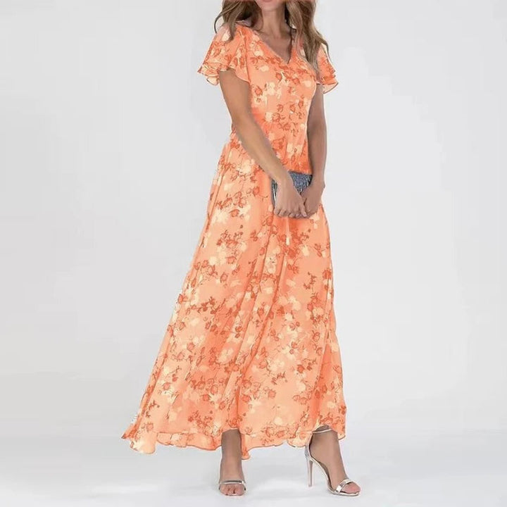 Damen Cocktailparty-Kleid Blumen Maxi V-Ausschnitt Rüschen - Orange (Fast ausverkauft)