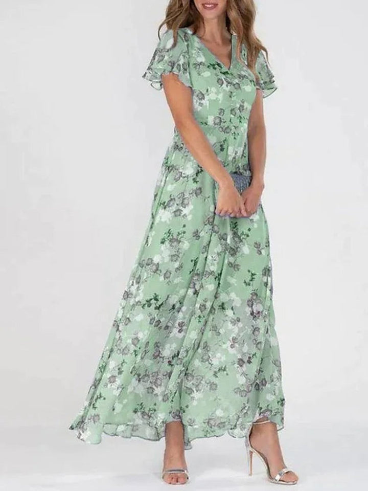 Damen Cocktailparty-Kleid Blumen Maxi V-Ausschnitt Rüschen - Grün (Fast ausverkauft)