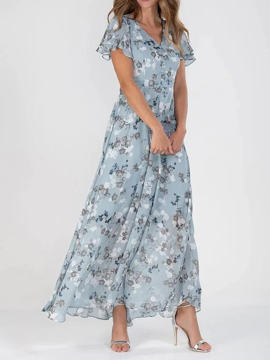 Damen Cocktailparty-Kleid Blumen Maxi V-Ausschnitt Rüschen - Blau