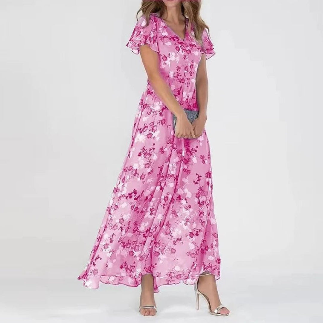 Damen Cocktailparty-Kleid Blumen Maxi V-Ausschnitt Rüschen - Rosa