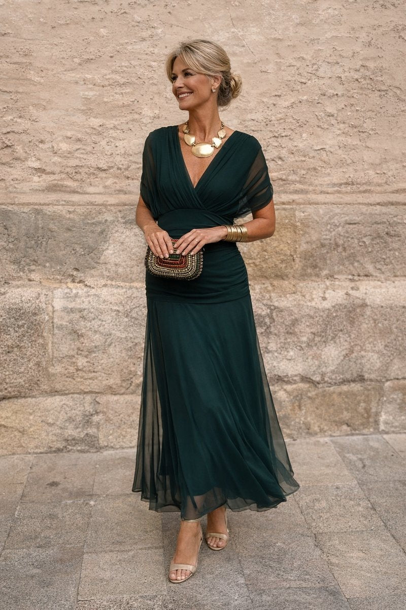 Damen Cocktailparty-Kleid elegantes Chiffon-Maxikleid V-Ausschnitt - Flaschengrün