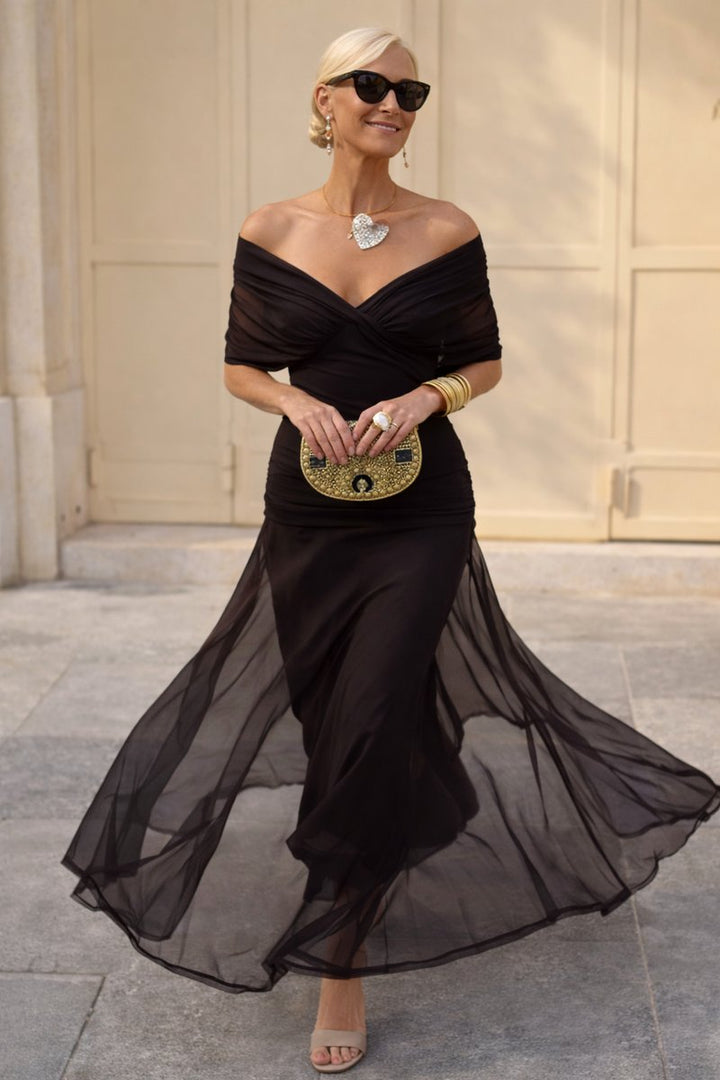 Damen Cocktailparty-Kleid elegantes Chiffon-Maxikleid V-Ausschnitt - Nachtbraun