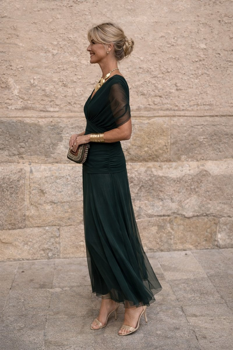 Damen Cocktailparty-Kleid elegantes Chiffon-Maxikleid V-Ausschnitt