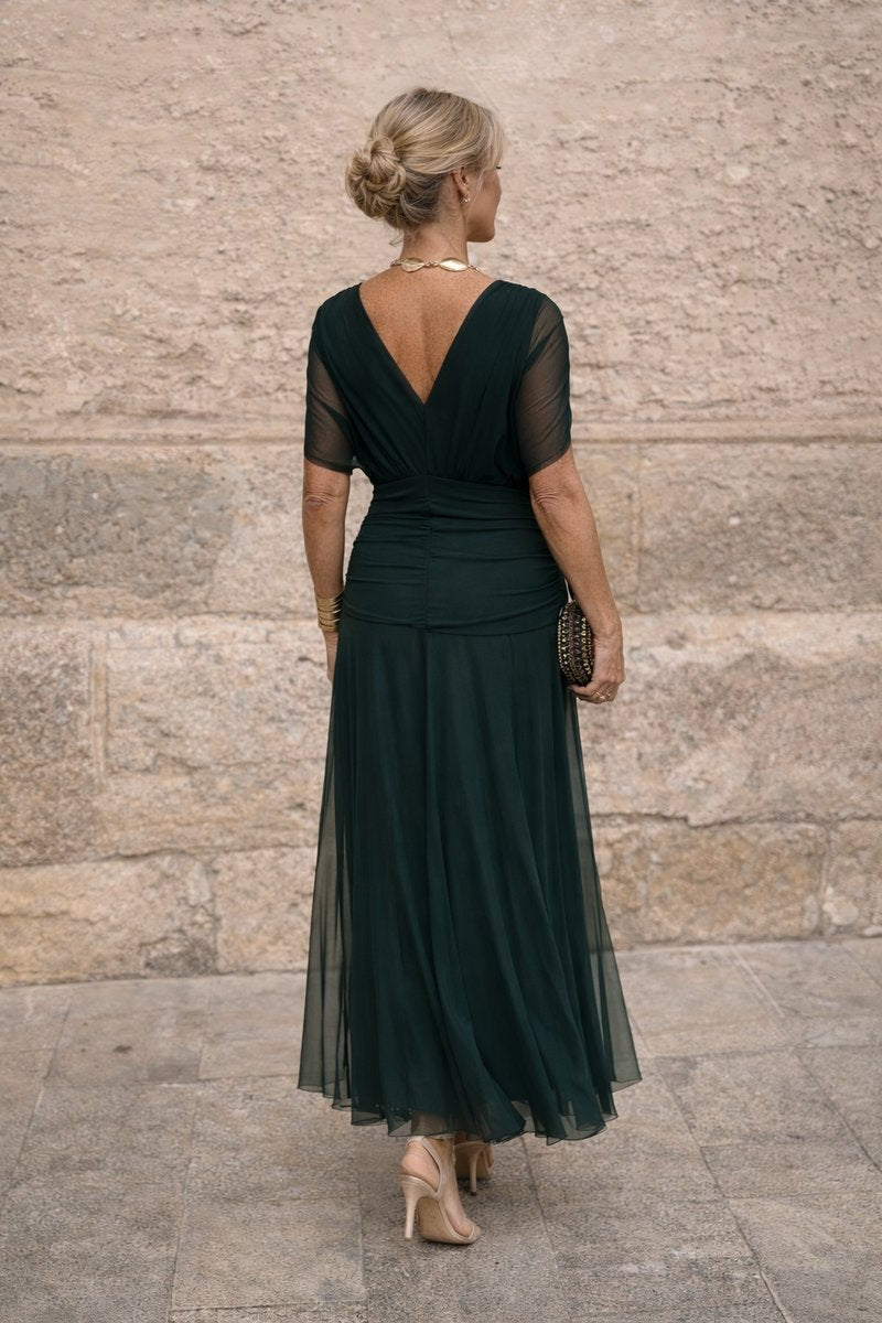 Damen Cocktailparty-Kleid elegantes Chiffon-Maxikleid V-Ausschnitt