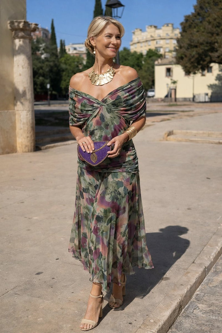 Damen Cocktailparty-Kleid elegantes Chiffon-Maxikleid V-Ausschnitt - Blumenstrauß
