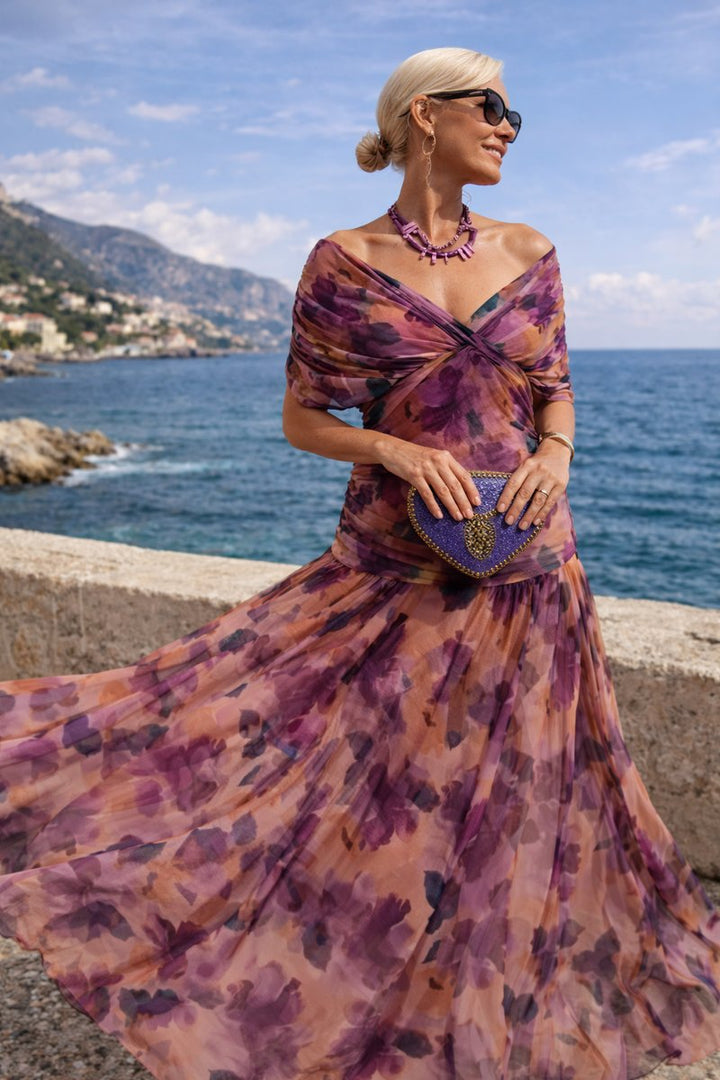 Damen Cocktailparty-Kleid elegantes Chiffon-Maxikleid V-Ausschnitt - Verzauberter Garten