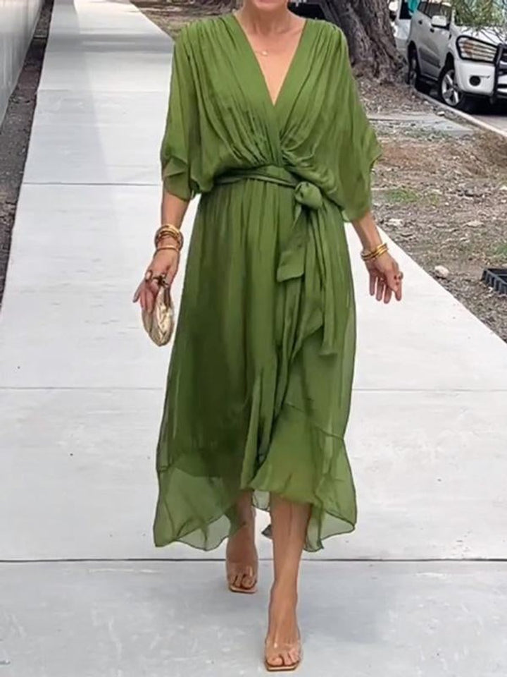 Damen Cocktailparty-Kleid Elegantes Chiffon Midi V-Ausschnitt Bindegürtel - Grün