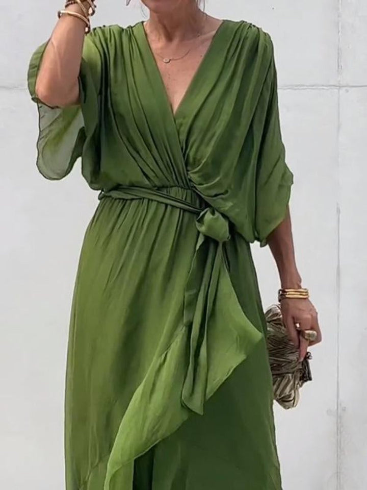 Damen Cocktailparty-Kleid Elegantes Chiffon Midi V-Ausschnitt Bindegürtel