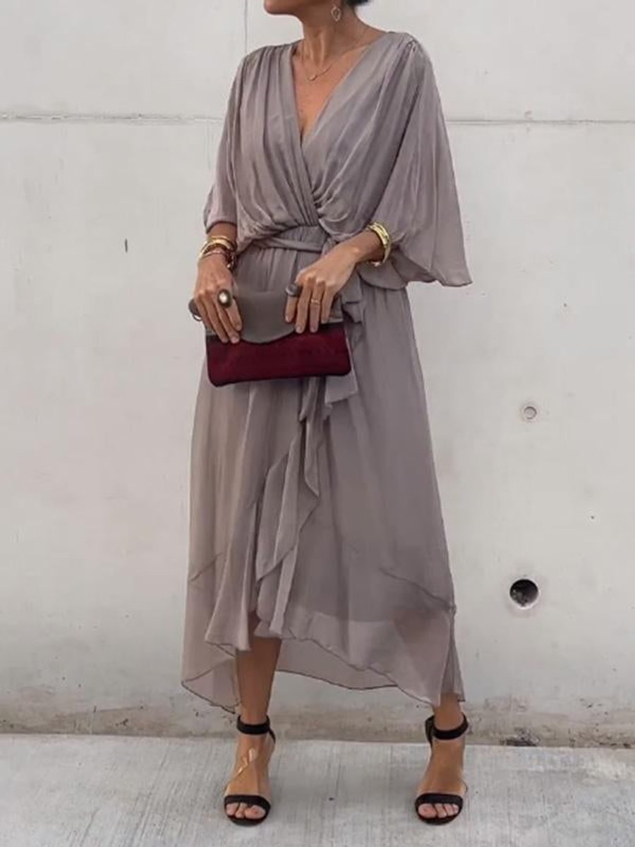 Damen Cocktailparty-Kleid Elegantes Chiffon Midi V-Ausschnitt Bindegürtel - Grau