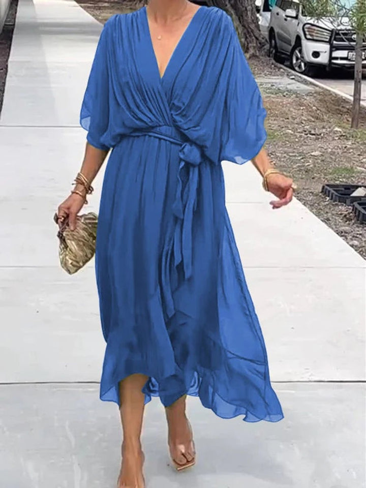 Damen Cocktailparty-Kleid Elegantes Chiffon Midi V-Ausschnitt Bindegürtel - Blau