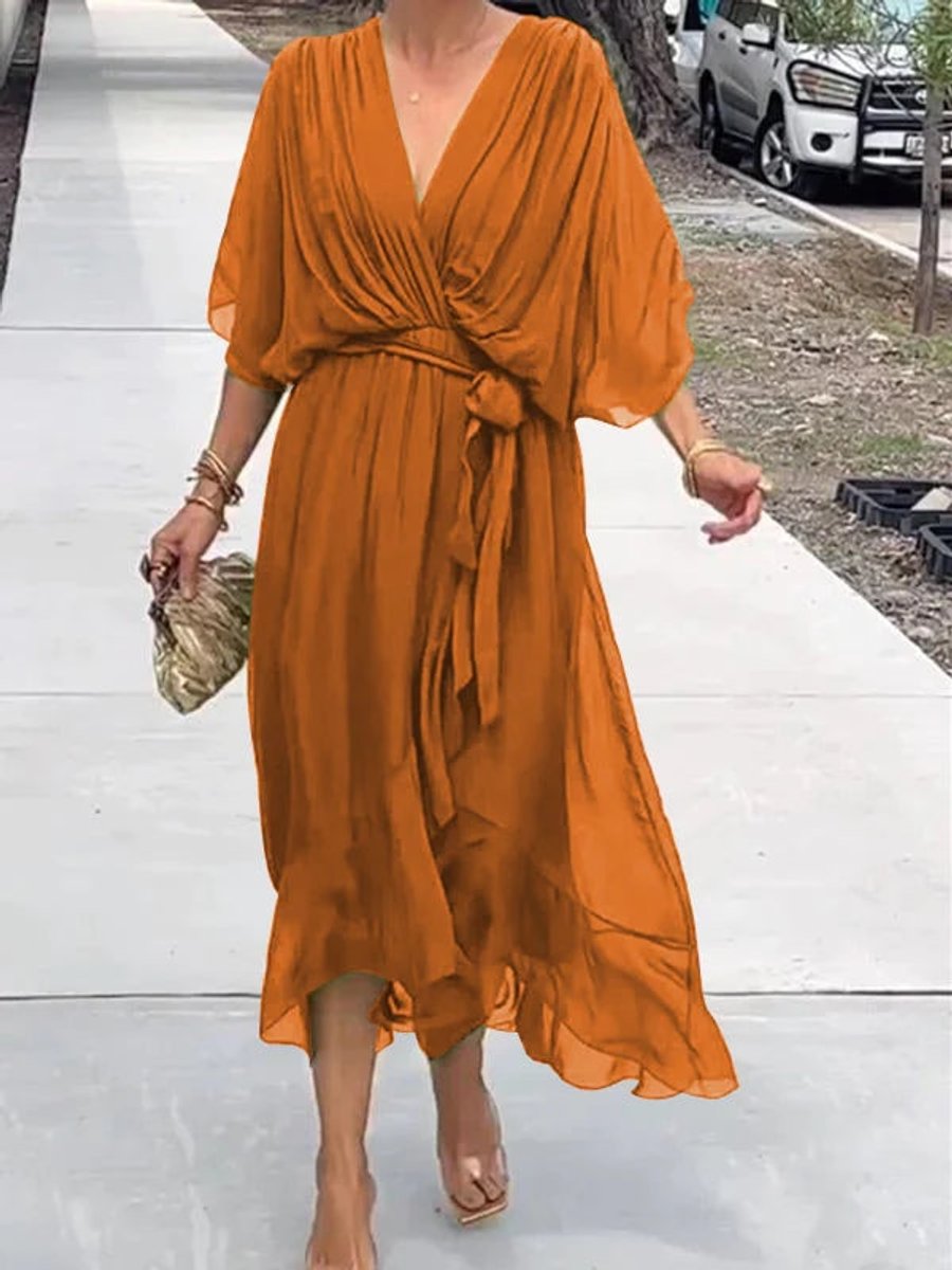 Damen Cocktailparty-Kleid Elegantes Chiffon Midi V-Ausschnitt Bindegürtel - Orange