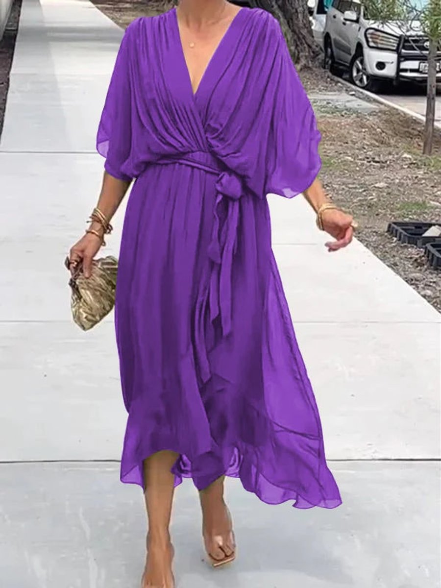 Damen Cocktailparty-Kleid Elegantes Chiffon Midi V-Ausschnitt Bindegürtel - Lila