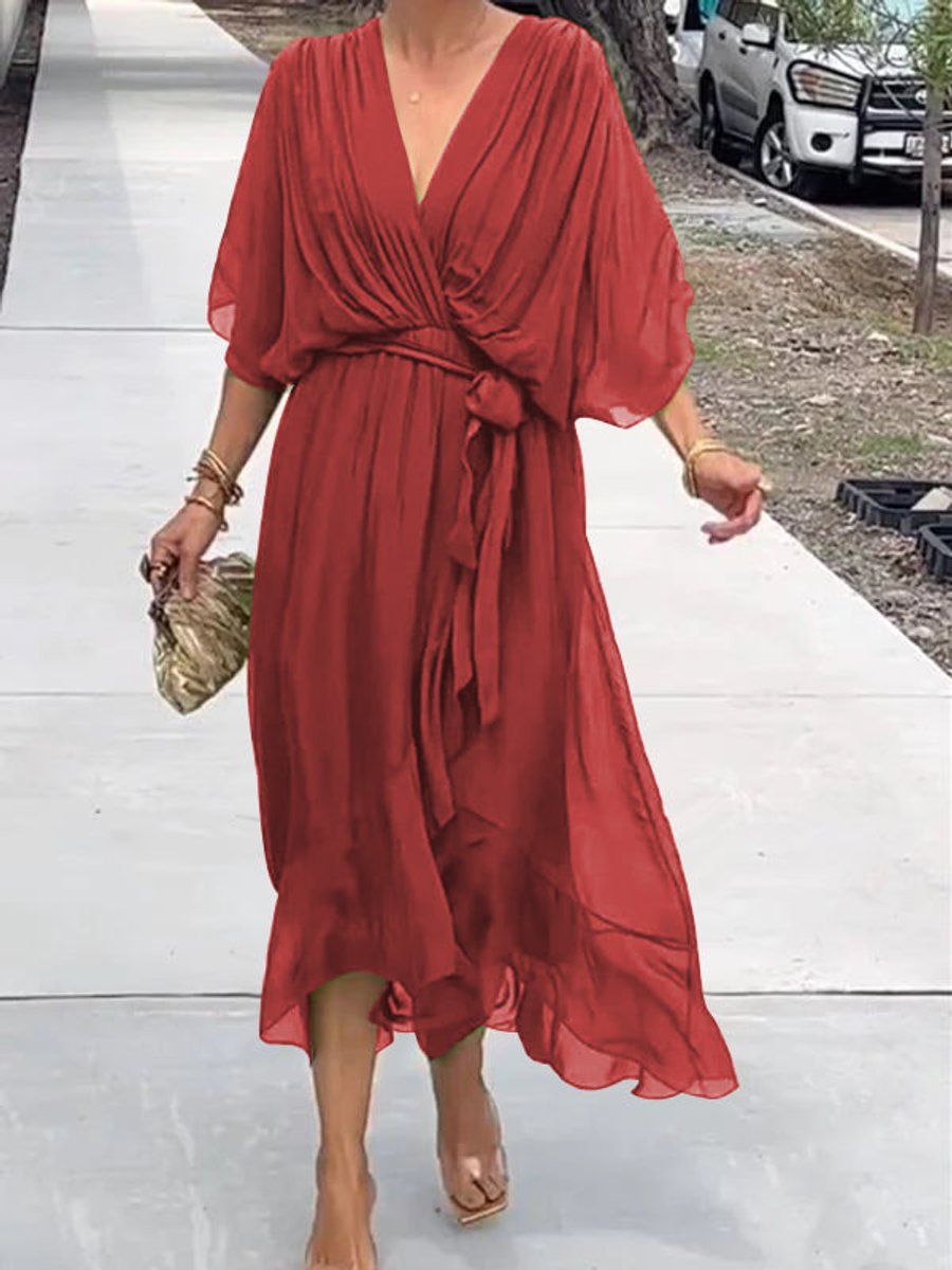 Damen Cocktailparty-Kleid Elegantes Chiffon Midi V-Ausschnitt Bindegürtel - Rot