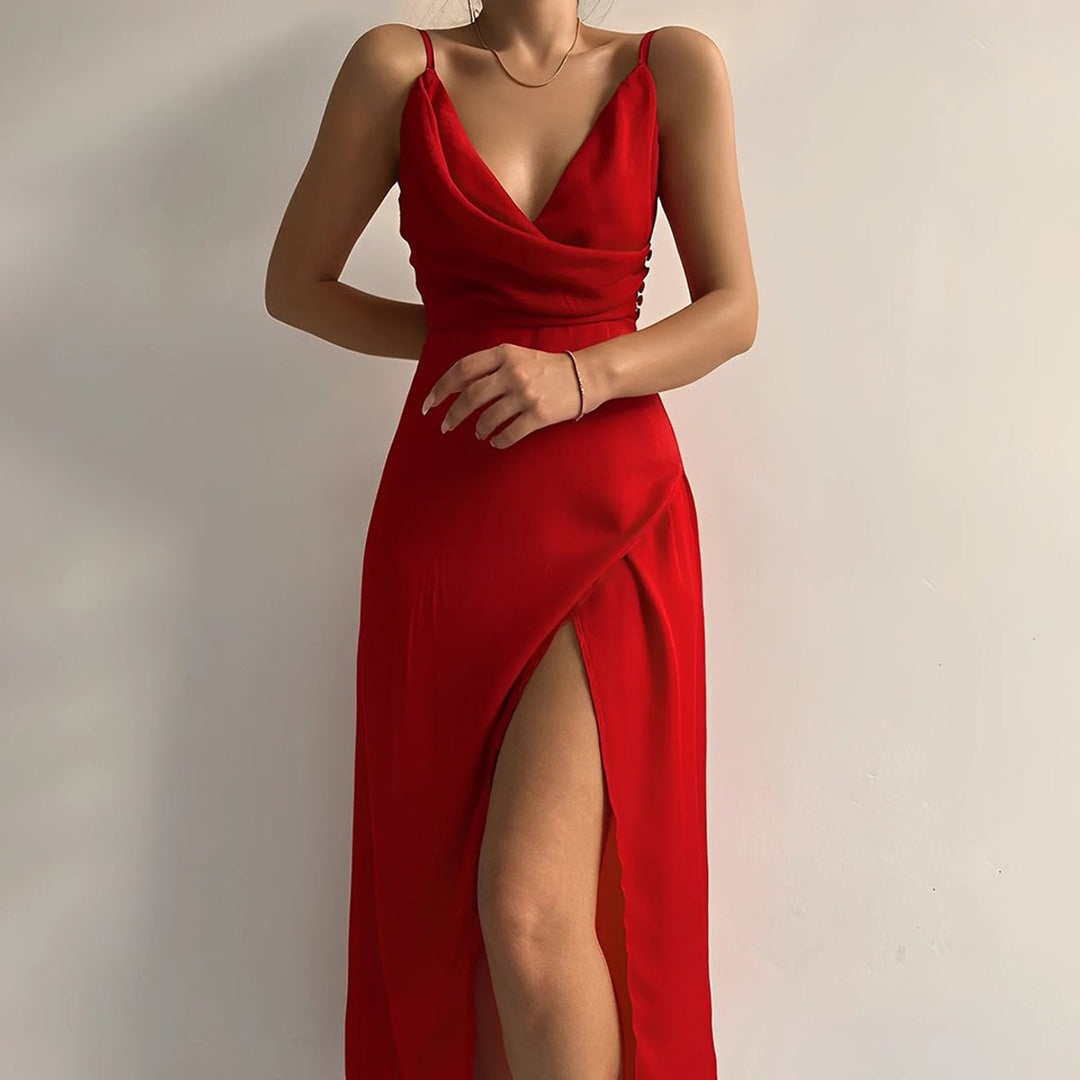 Damen Cocktailparty-Kleid elegantes Maxi-Abendkleid mit Schlitz V-Ausschnitt - Rot
